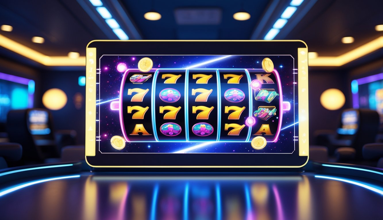 Layar mesin slot virtual yang berwarna-warni di ruang permainan modern dengan pencahayaan neon dan suasana yang menarik.