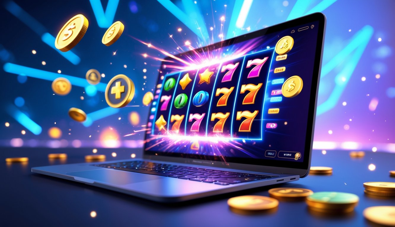Layar komputer menampilkan permainan slot online dengan efek visual berwarna-warni dan ikon bonus di sekitarnya.