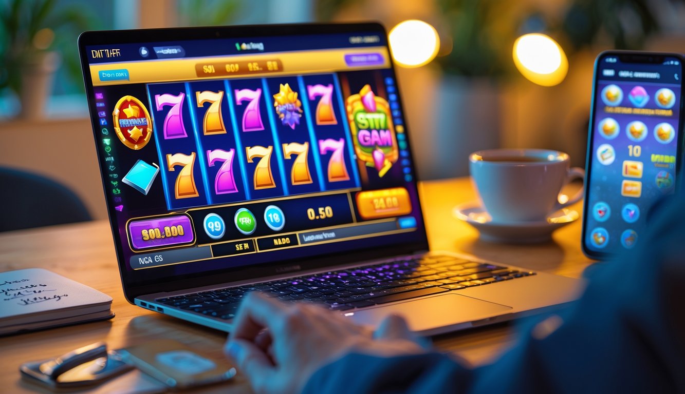 Seorang pemain duduk di depan laptop dengan permainan slot online yang berwarna-warni di layar, dikelilingi oleh buku catatan, kopi, dan ponsel.