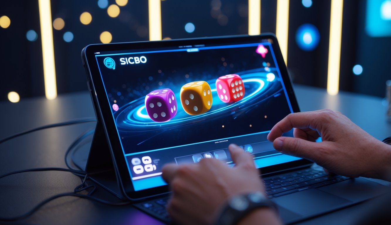 Tampilan perangkat digital dengan gambar tiga dadu yang sedang dilempar dalam permainan Sicbo online, dengan tangan pemain yang terlihat berinteraksi.