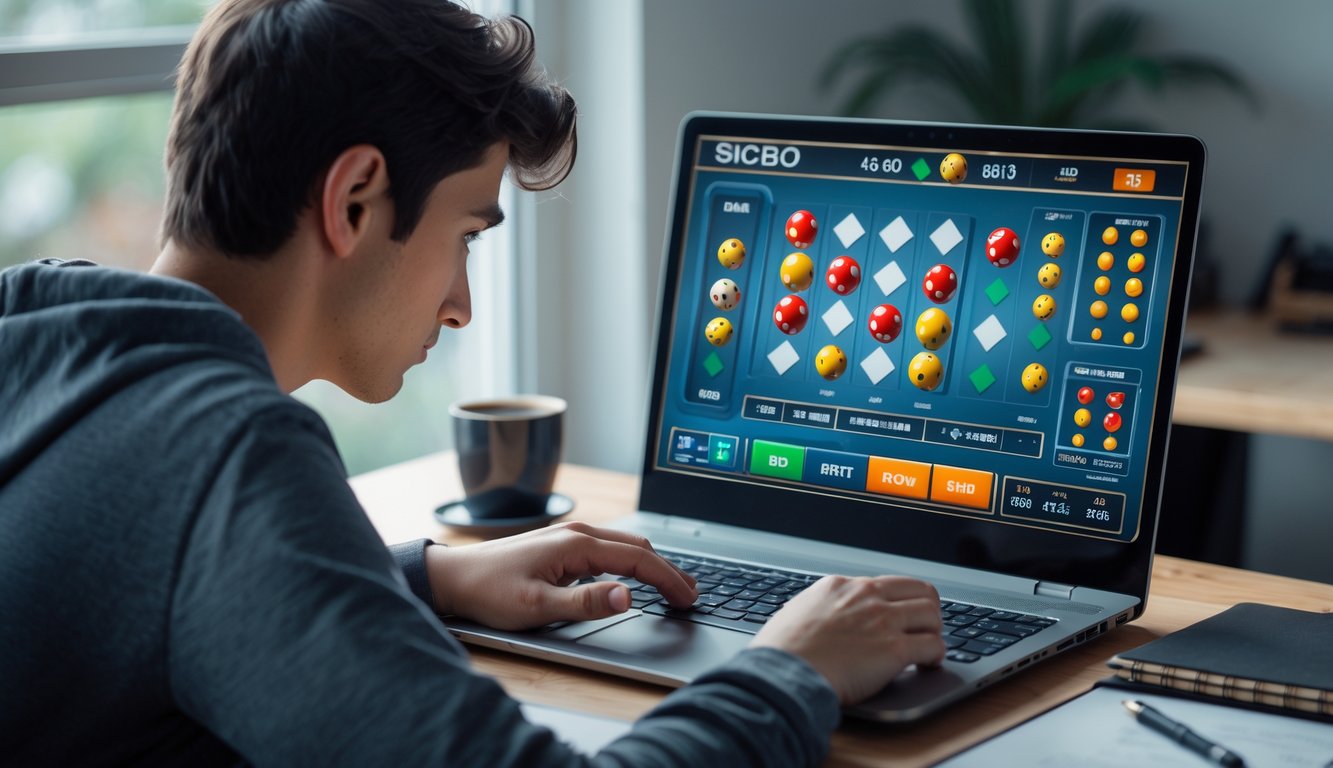 Seorang pemula sedang belajar bermain Sicbo online di depan laptop di meja kerja dengan suasana tenang dan fokus.