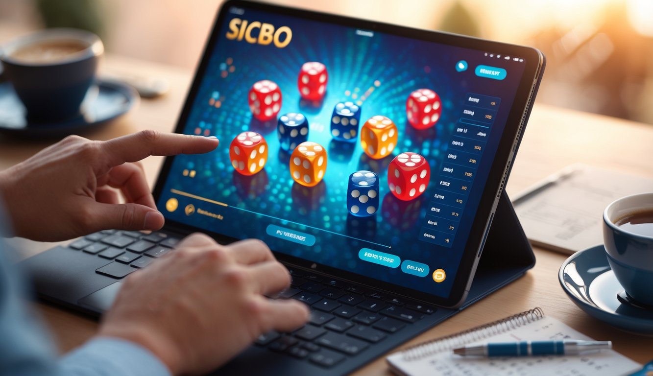 Seorang pemain menggunakan laptop untuk bermain permainan Sicbo online dengan dadu berwarna-warni di layar.