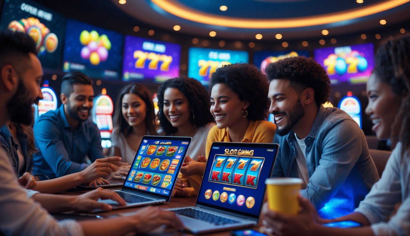 Sekelompok orang bermain game slot online dengan perangkat laptop dan ponsel di sebuah ruang bermain modern.