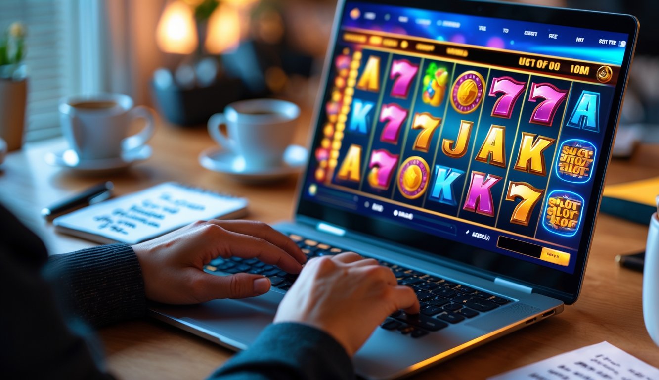 Seorang pria bermain permainan slot online di laptop di meja kerja dengan catatan dan secangkir kopi di sampingnya.