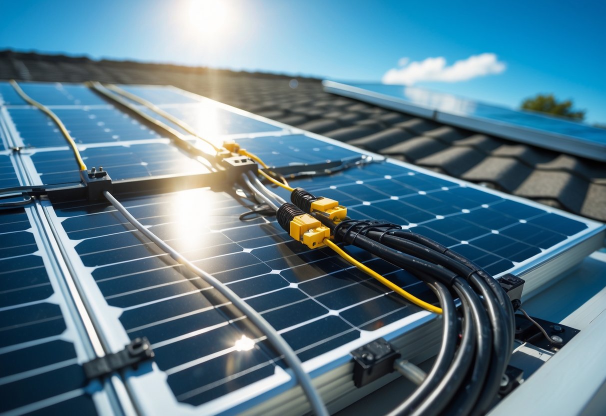 Close-up of a rooftop solar panel installation with neatly organized wiring under a clear blue sky.