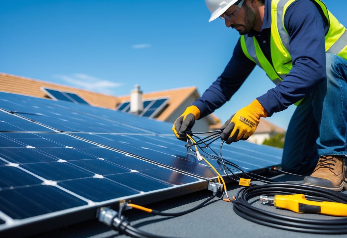 A solar panel installer on a rooftop organizing electrical wires connected to solar panels with tools nearby.
