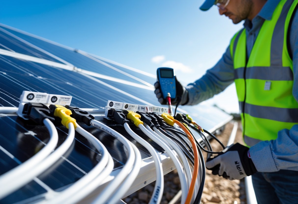 A technician inspects organized wiring and wire management components at a solar panel installation site under clear sky.