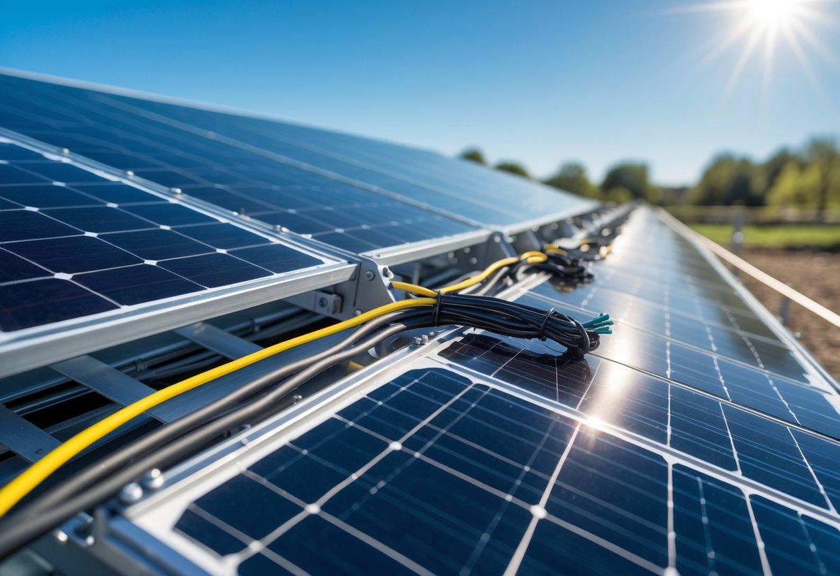 Solar tracking system with neatly organized wiring secured along the metal framework under a clear blue sky.