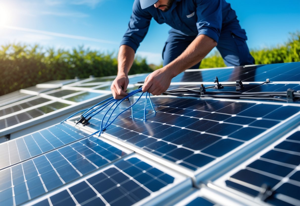 A technician organizing wires neatly on solar panels installed outdoors under a clear sky.