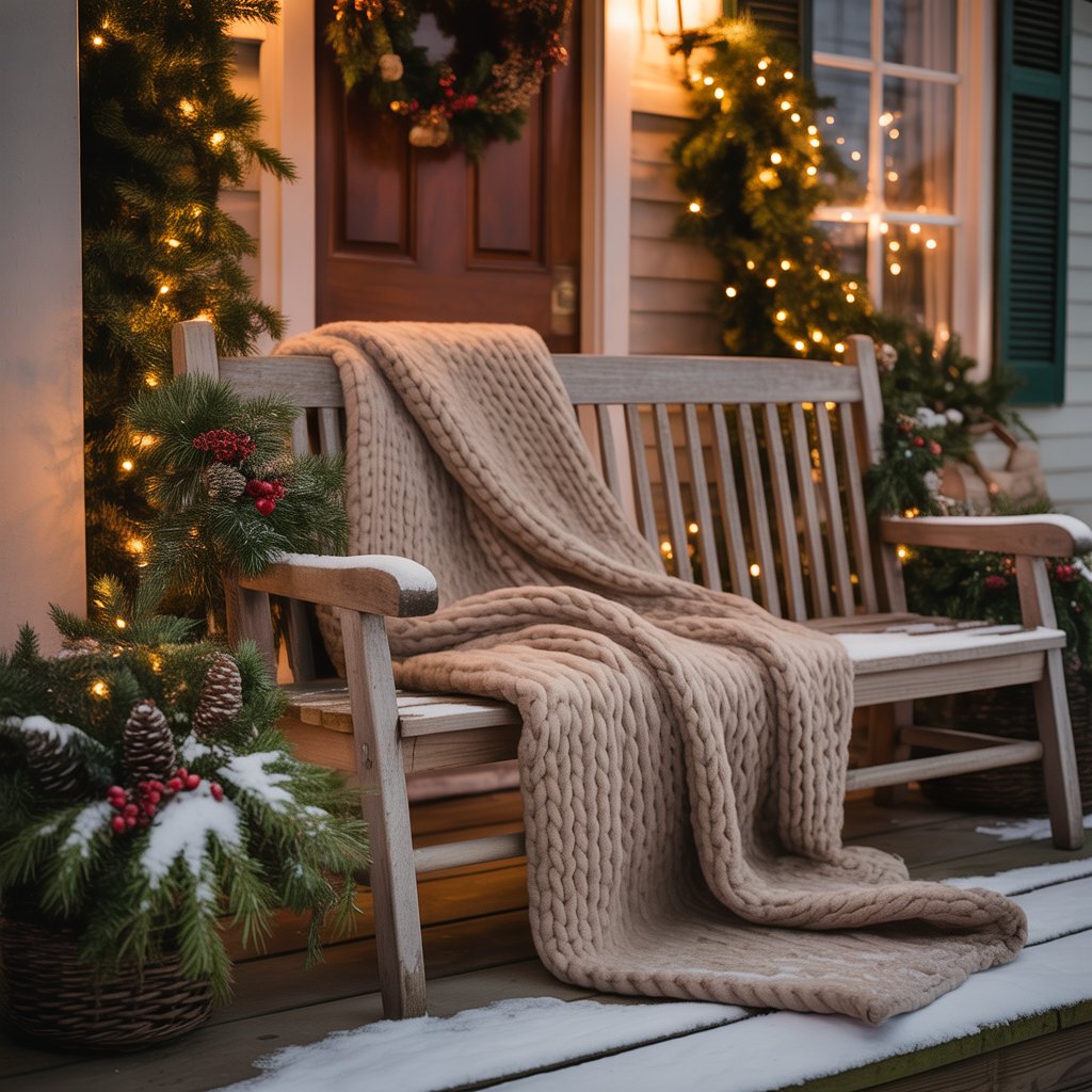A wooden porch bench with a warm wool blanket, surrounded by Christmas decorations including lights, garlands, and a wreath on the front door.