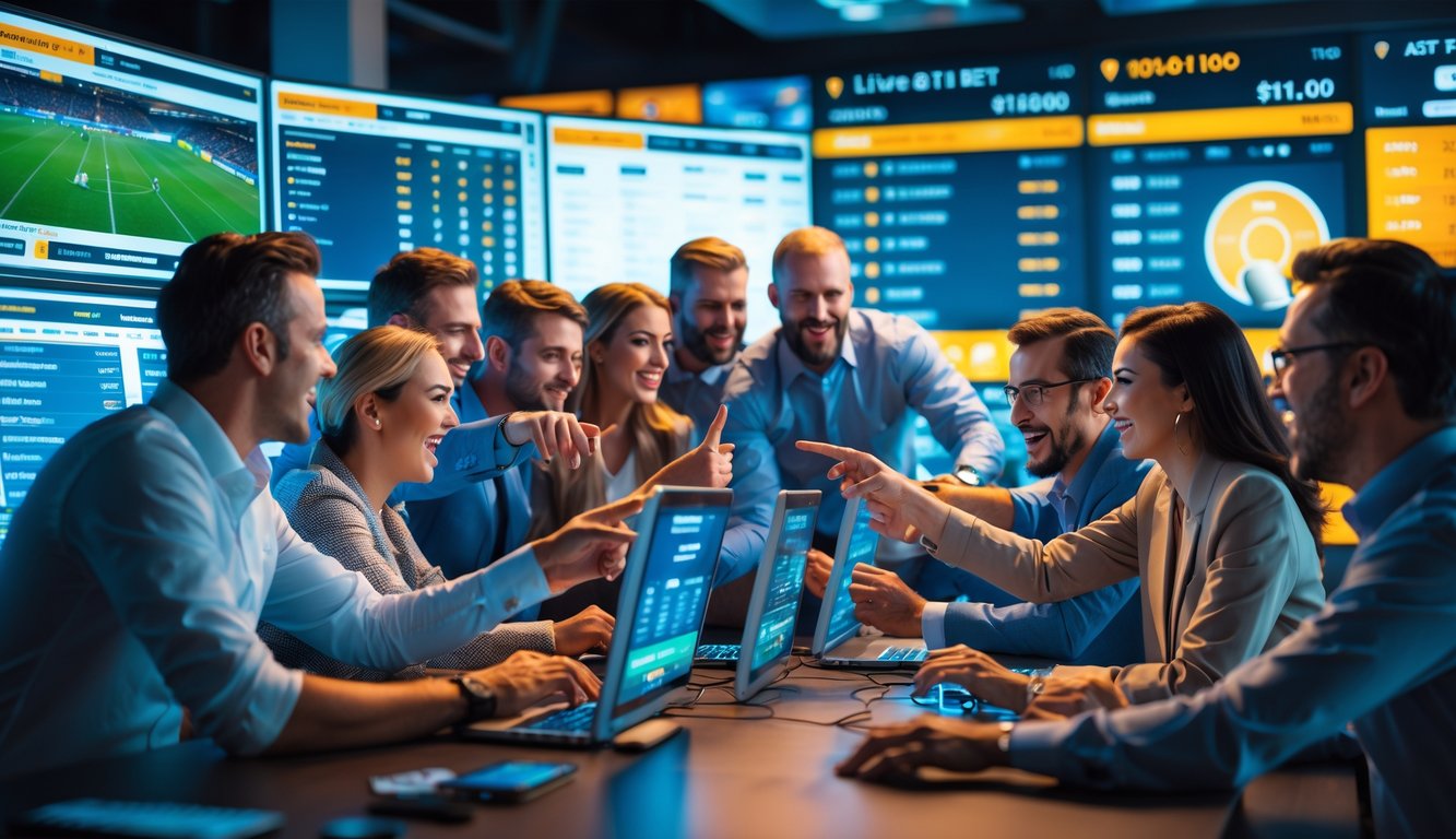 Sekelompok orang sedang menggunakan perangkat digital untuk bertaruh pada pertandingan olahraga secara langsung dengan ekspresi fokus dan antusias.