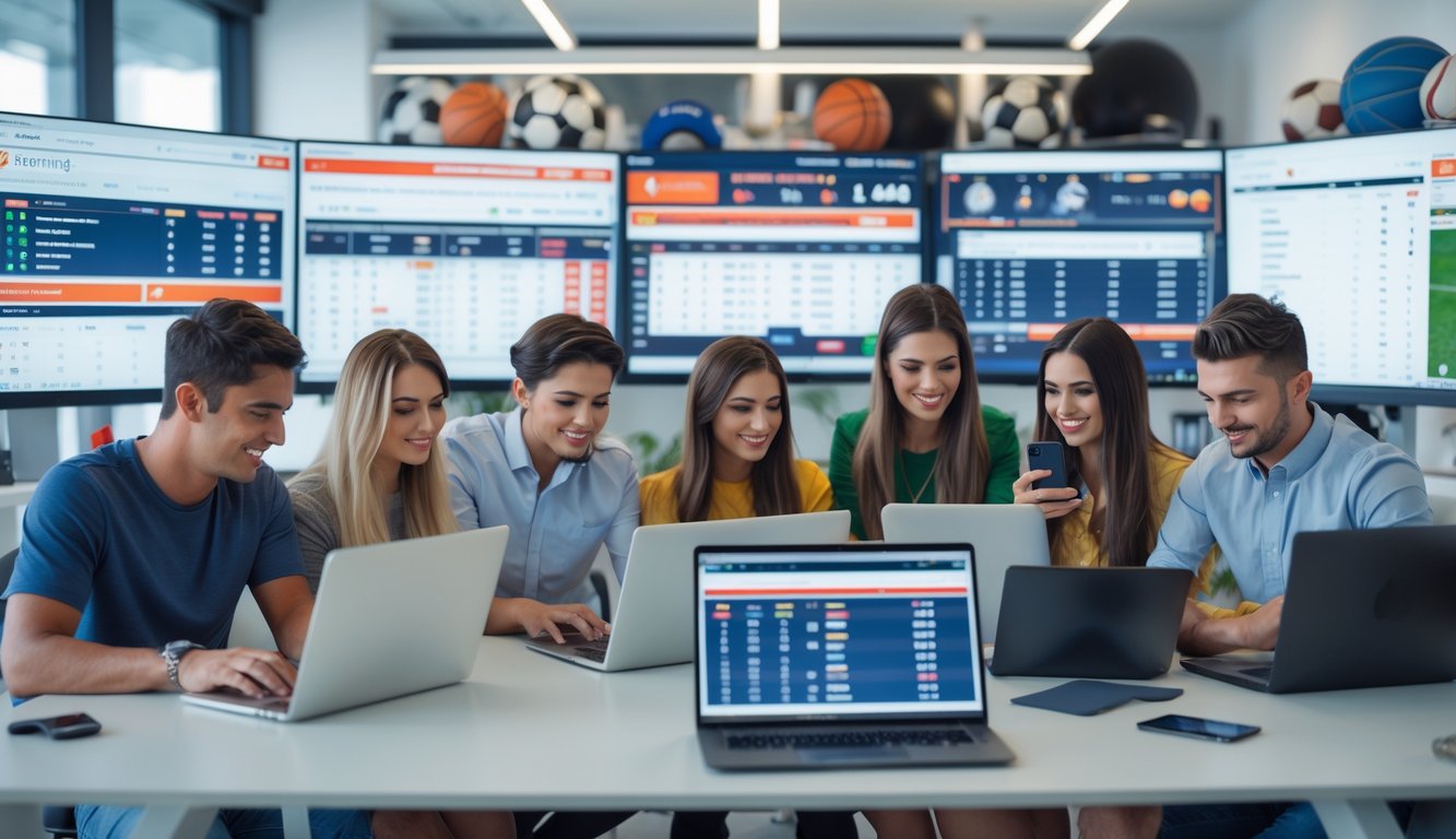 Sekelompok orang muda menggunakan laptop dan ponsel untuk berjudi olahraga secara online di ruang kerja modern dengan layar besar yang menampilkan pertandingan olahraga.