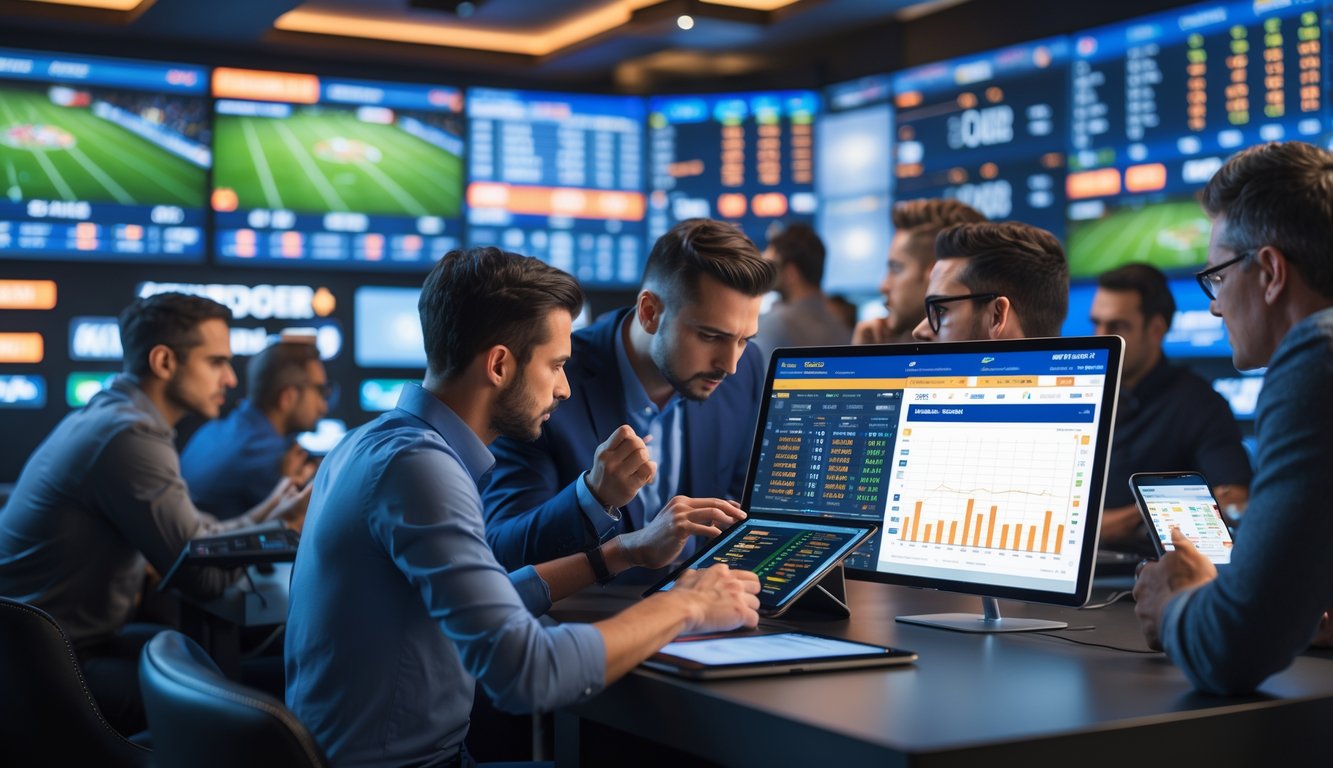 Beberapa orang fokus melihat layar besar yang menampilkan pertandingan olahraga dan data taruhan waktu nyata di sebuah ruangan modern.