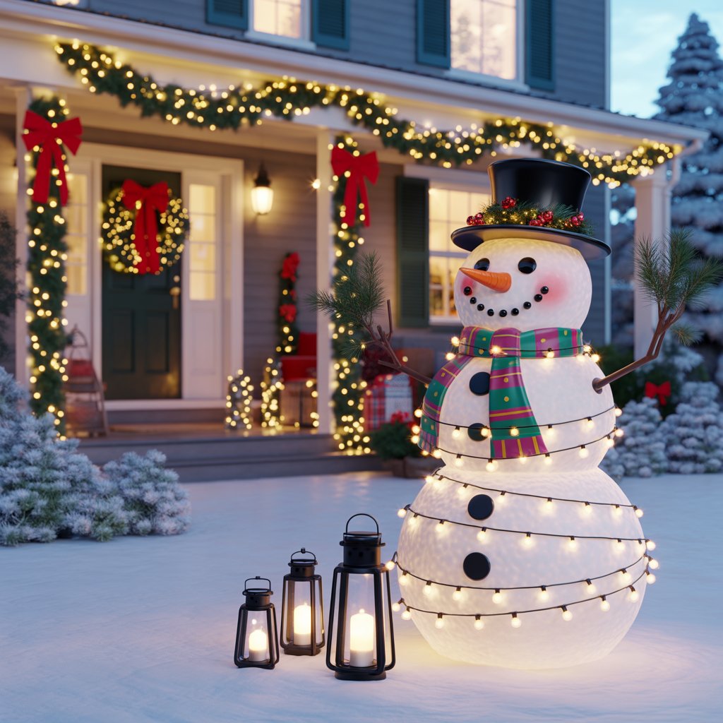A snowman lawn statue decorated with twinkle lights on a Christmas porch surrounded by holiday wreaths, garlands, and glowing lanterns.