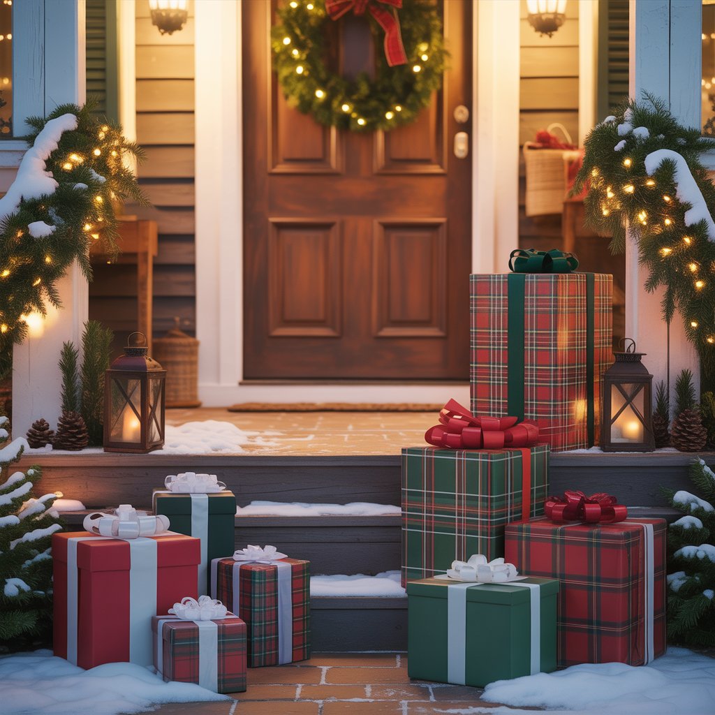 Front porch decorated with plaid wrapped gift boxes, a wreath on the door, string lights, and light snow creating a festive Christmas scene.