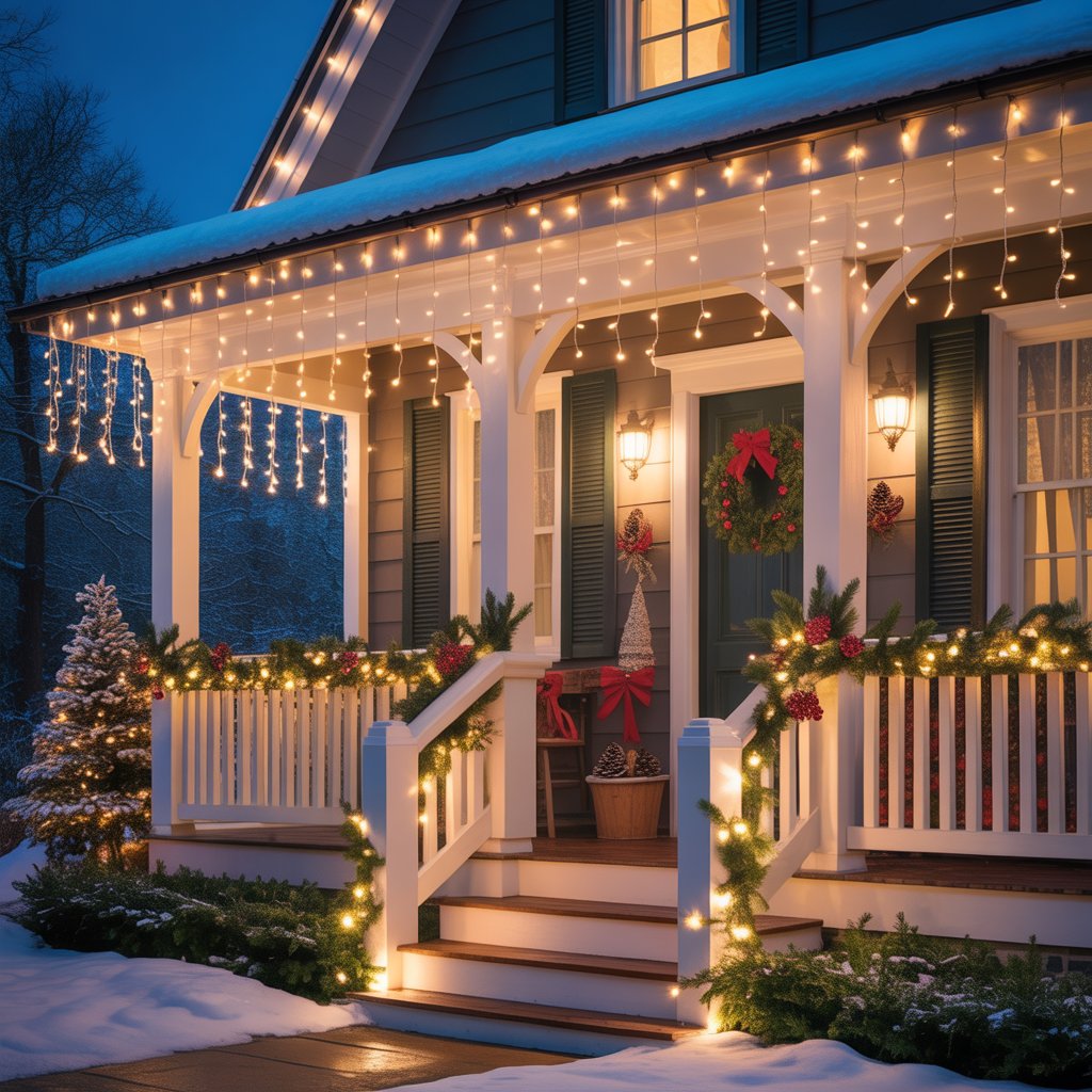 A house porch decorated with hanging icicle lights and festive Christmas decorations at dusk.