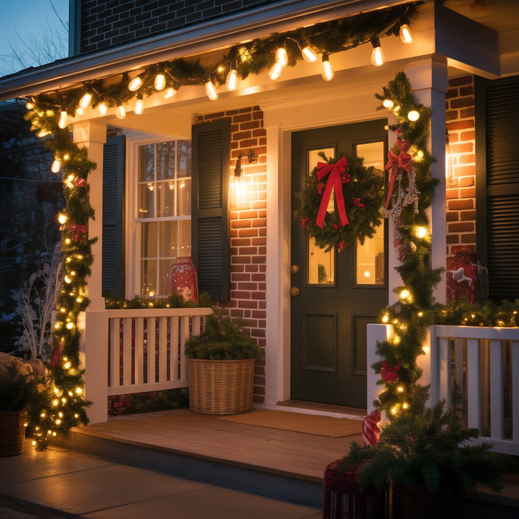 A warmly lit Christmas porch decorated with Edison bulb string lights, greenery, and holiday ornaments at dusk.