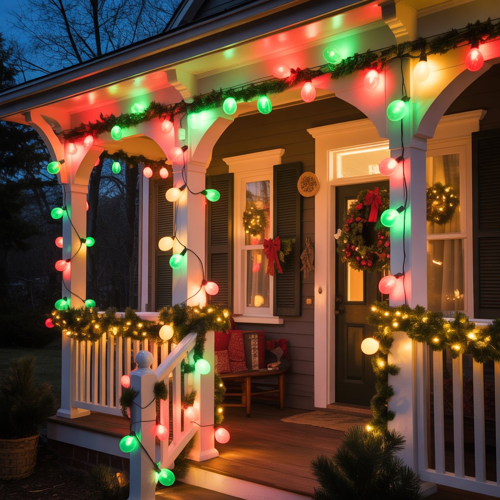 A warmly lit porch decorated with green and red string lights, a wreath on the door, and festive holiday decorations creating a welcoming Christmas entryway.
