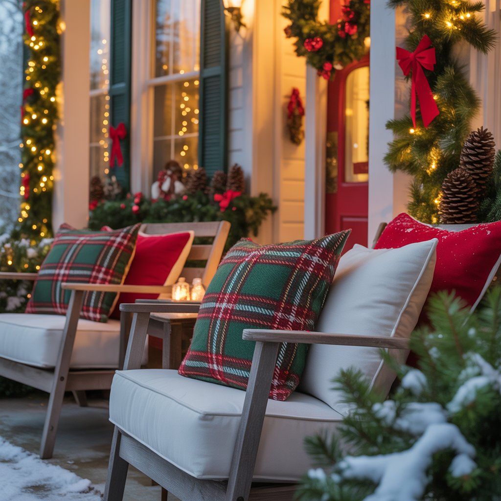 Porch seating with plaid throw pillows and Christmas decorations including garlands and wreaths.