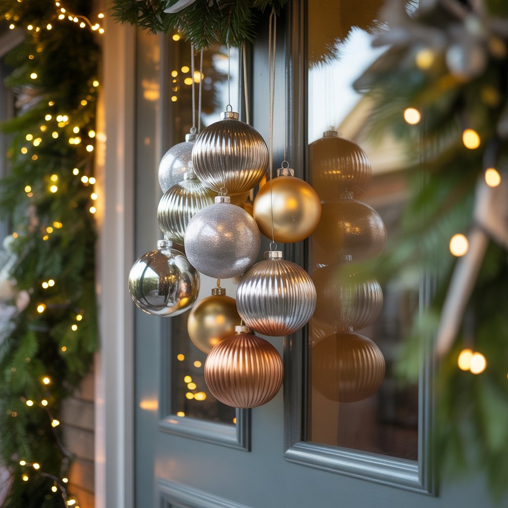 Front door decorated with clusters of metallic Christmas ornaments hanging, surrounded by greenery and warm lights on a porch.
