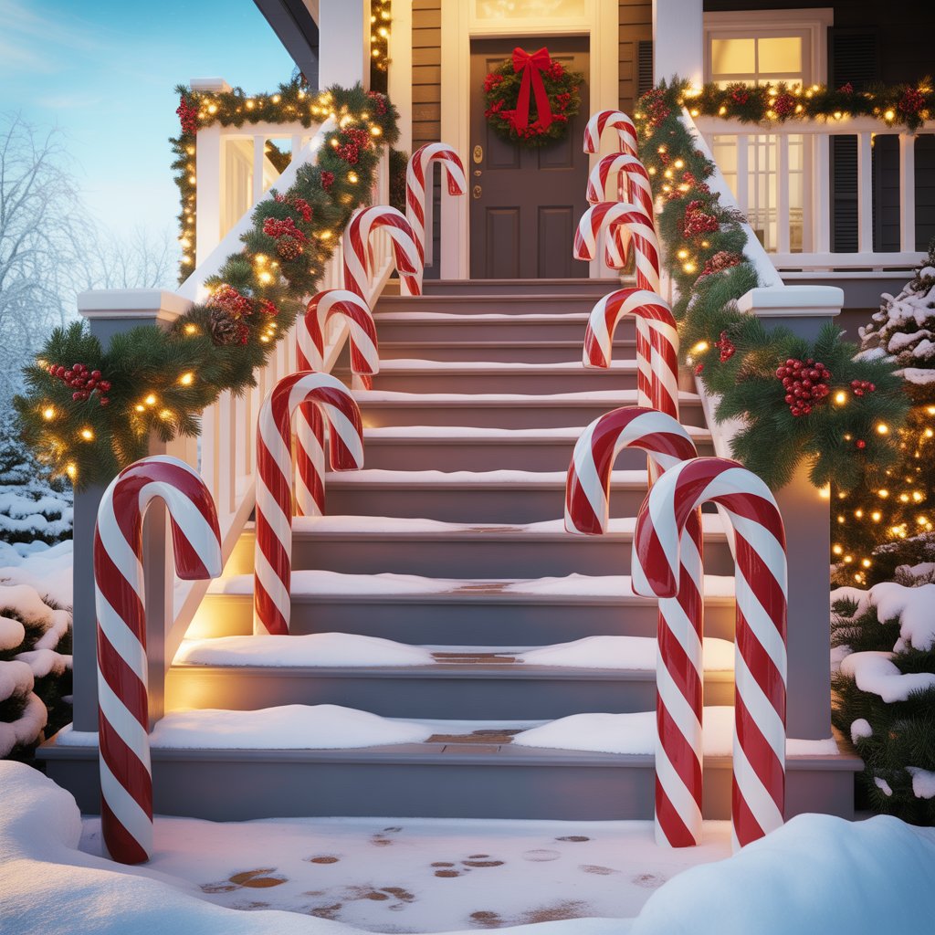 Front porch steps lined with large candy cane decorations and Christmas greenery, with a wreath on the door and snow on the ground.