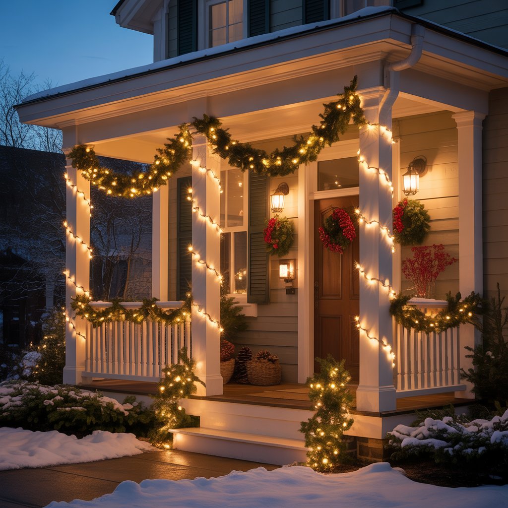 A porch with columns wrapped in warm white string lights and decorated for Christmas during twilight.