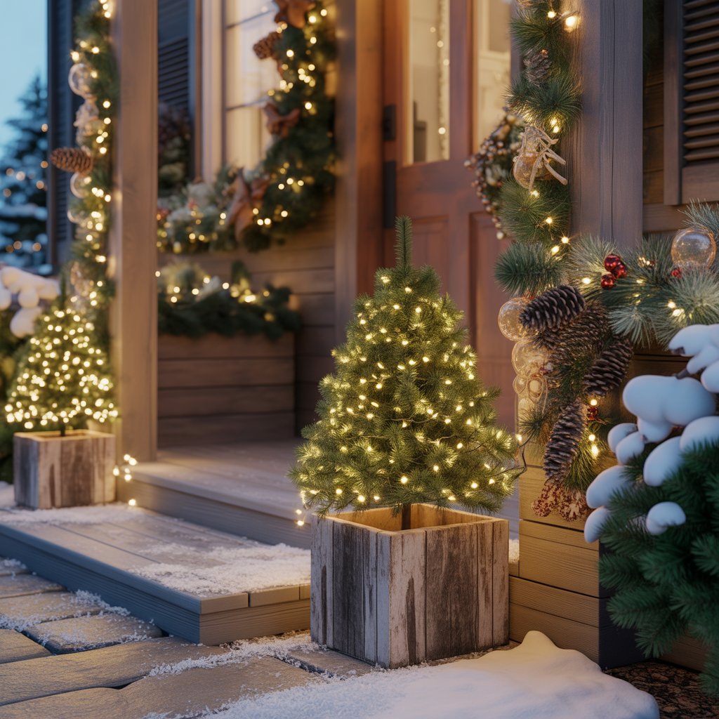 Outdoor porch decorated with lit miniature Christmas trees in rustic wooden planters and festive greenery, creating a warm holiday entrance.