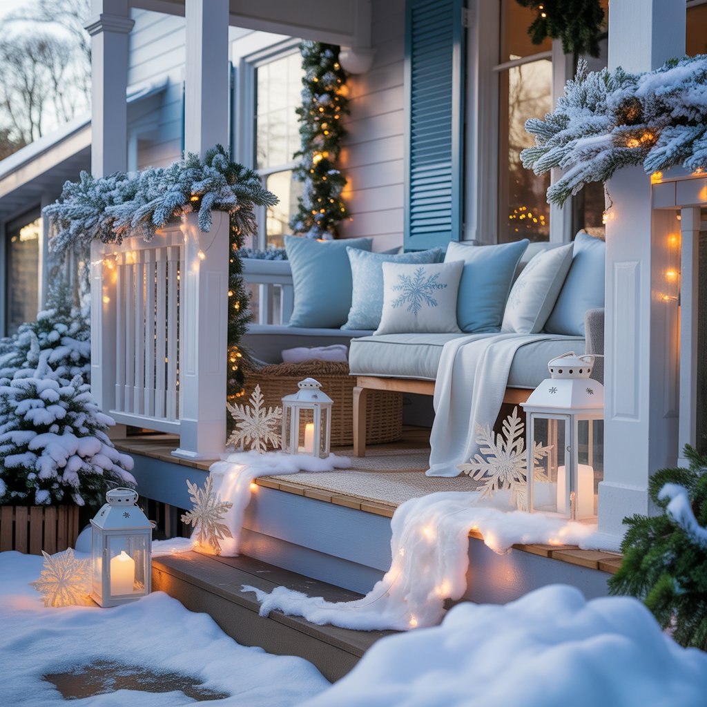 A porch decorated with light blue and white Christmas decorations, including snowflake ornaments, lanterns, and string lights.