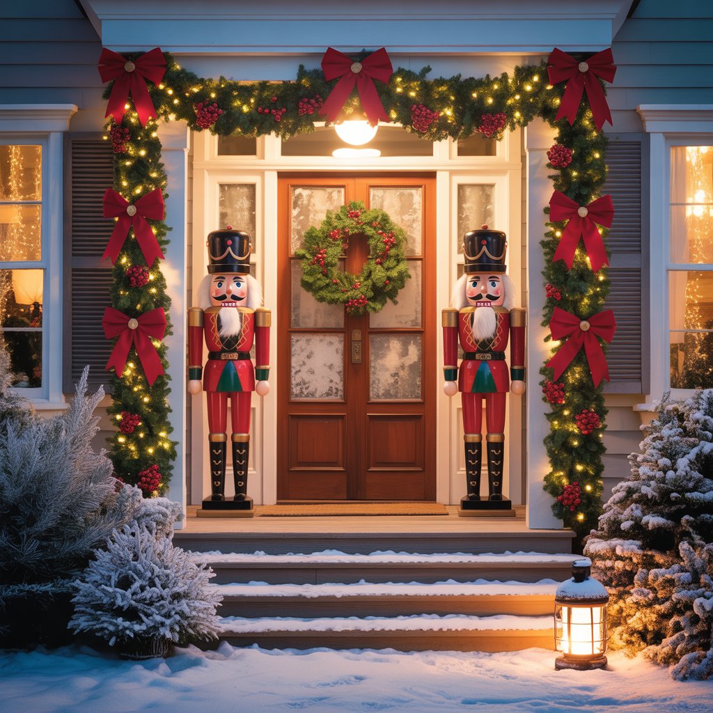 Two large nutcracker statues stand on either side of a decorated porch doorway with garlands, lights, and bows.
