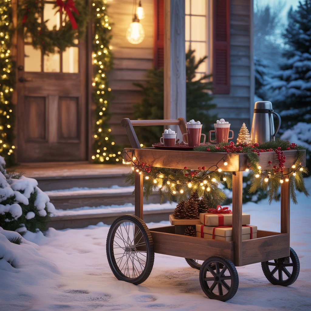 A cozy Christmas porch with a decorated cocoa cart holding mugs of hot chocolate, surrounded by warm lights and festive greenery.