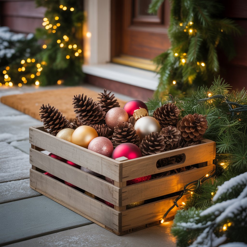 A wooden crate filled with pinecones and Christmas ornaments displayed on a decorated porch near a house entrance.