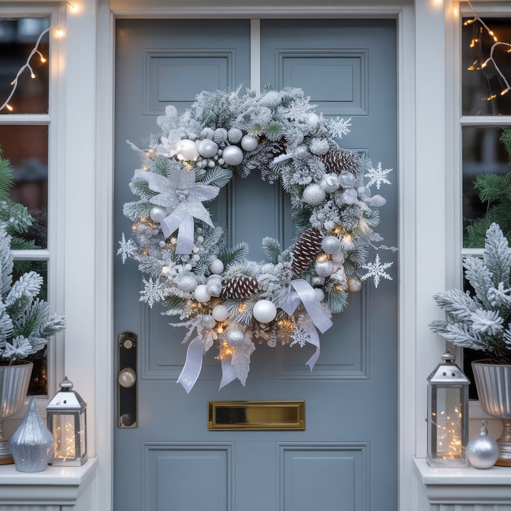 Front door with a frosty white and silver Christmas wreath surrounded by festive decorations on a porch.