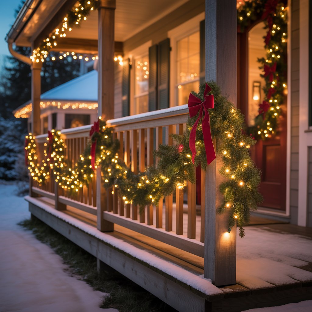 A Christmas porch with a wooden railing decorated with twinkling LED garland lights and festive greenery, creating a warm and inviting holiday scene.