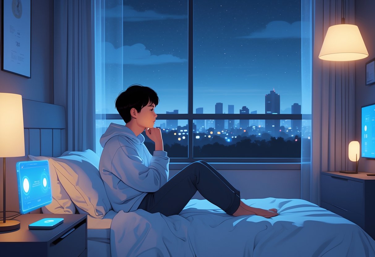 A young Chinese person sitting alone in a softly lit bedroom at night, with a nearby AI device providing comfort.