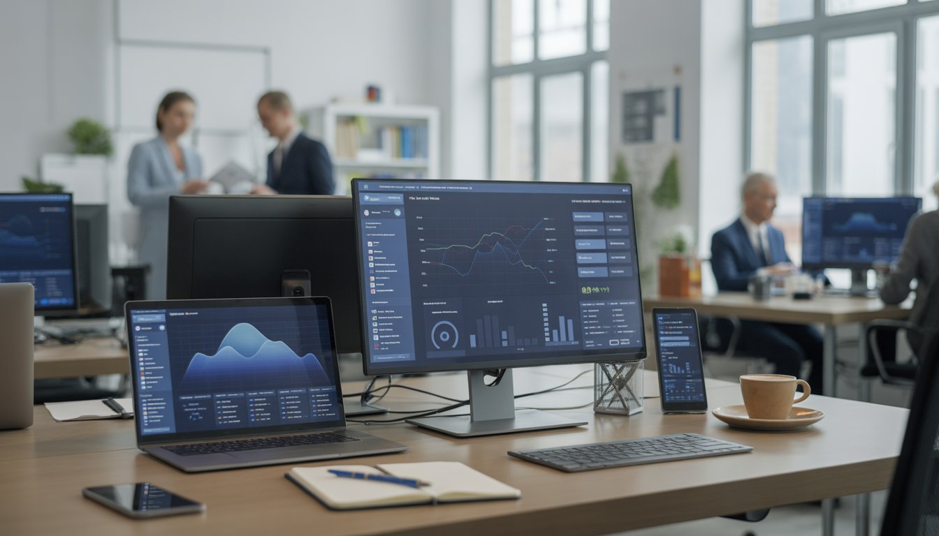 A modern office workspace with multiple monitors showing digital business dashboards, a laptop, smartphone, and professionals collaborating in the background.