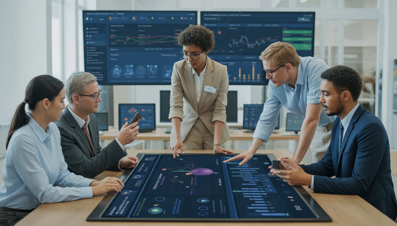 Business professionals collaborating around a digital touchscreen table displaying financial charts and data in a modern office.