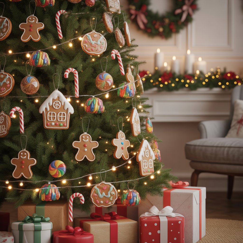 A decorated Christmas tree with gingerbread cookie ornaments, candy canes, and colorful garlands, surrounded by wrapped presents and holiday decorations.