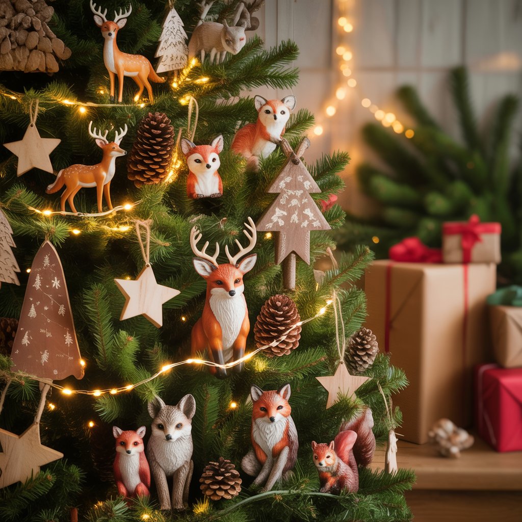 A Christmas tree decorated with woodland animal ornaments and pinecones, softly lit with warm lights in a cozy holiday setting.