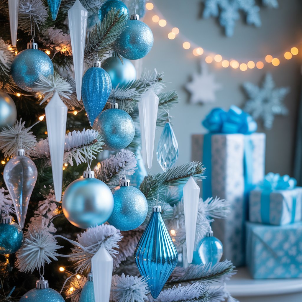 A beautifully decorated Christmas tree with sparkling crystal ornaments and blue baubles surrounded by wrapped gifts.