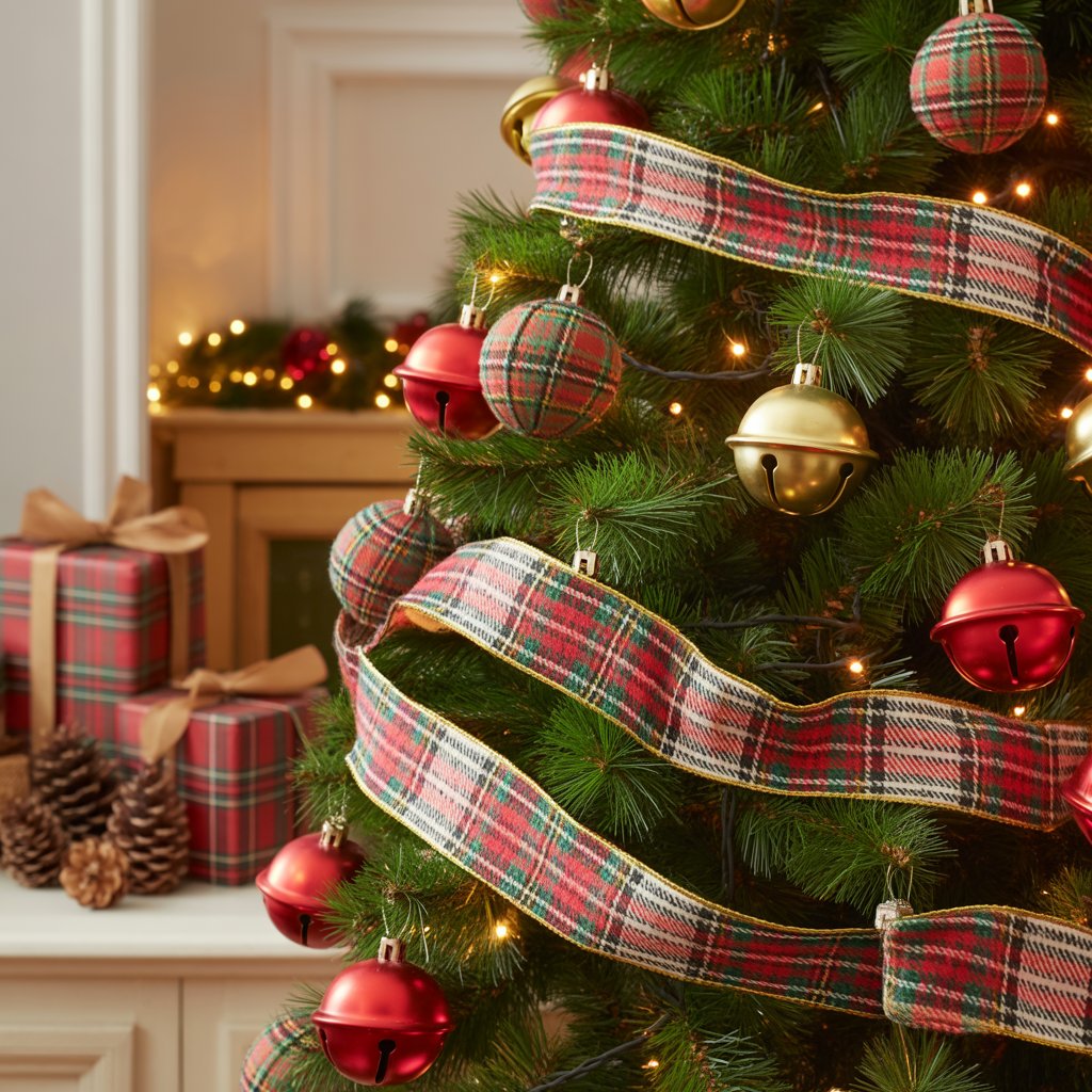 A decorated Christmas tree with red and gold jingle bells and plaid ribbons, surrounded by wrapped gifts and holiday decorations in a warmly lit room.