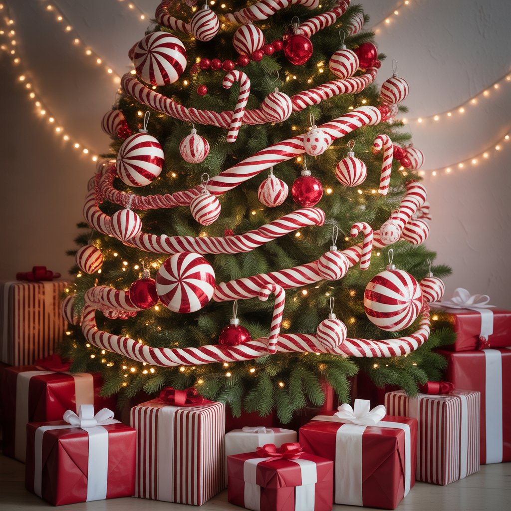 A decorated Christmas tree with red and white candy cane striped ornaments, ribbons, and lights surrounded by wrapped presents.