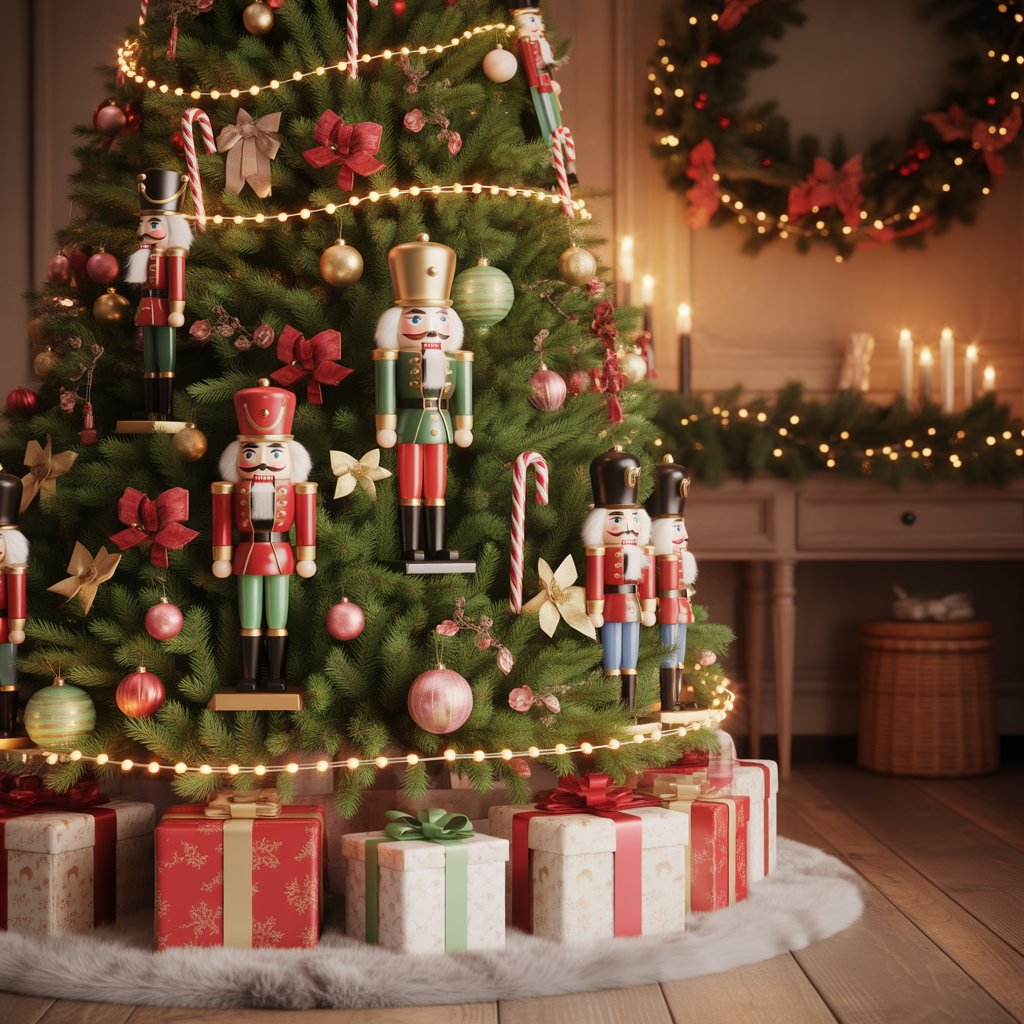 A decorated Christmas tree with nutcracker figurines, ornaments, wrapped presents, and warm holiday decorations in a cozy room.