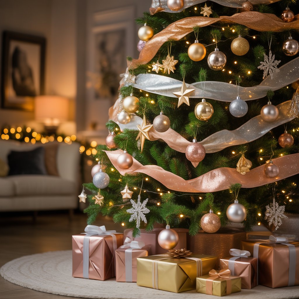A beautifully decorated Christmas tree with metallic ornaments and lights in a cozy living room with wrapped gifts underneath.