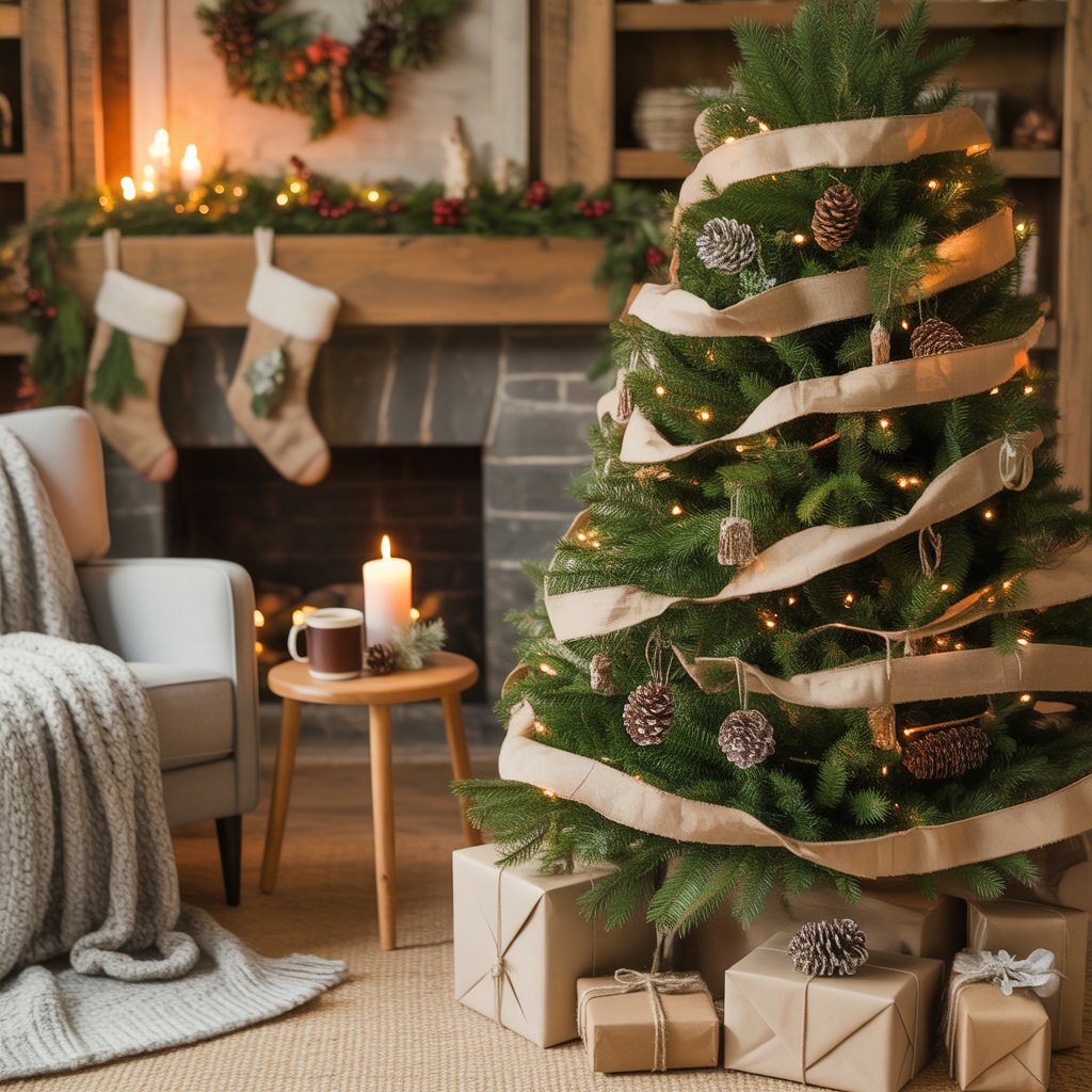 A warmly lit living room with a decorated Christmas tree, presents, a cozy armchair, and a stone fireplace with stockings.