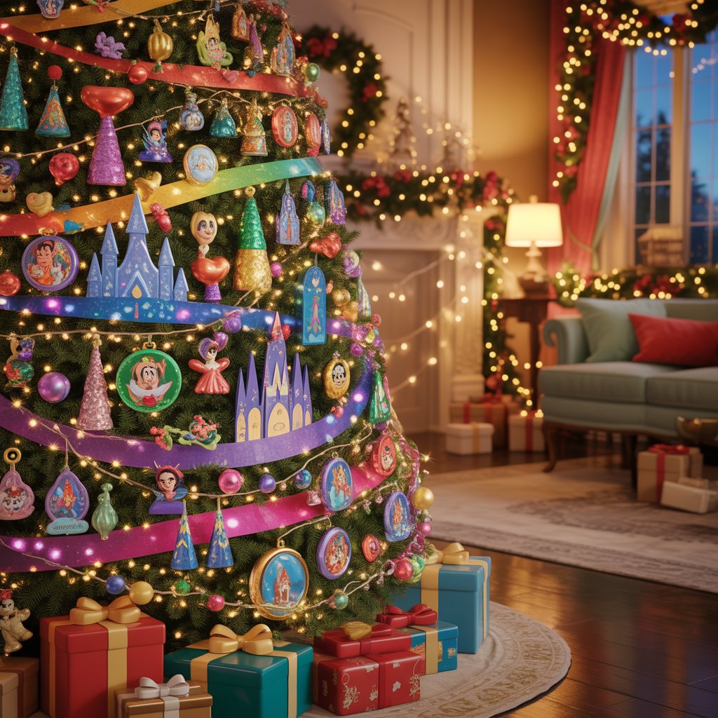 A large Christmas tree decorated with colorful Disney-themed ornaments, fairy lights, ribbons, and presents underneath in a warmly lit living room.