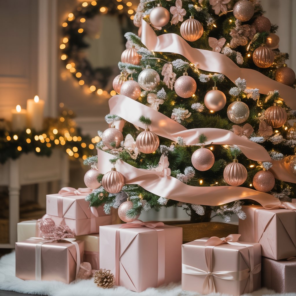 A beautifully decorated Christmas tree with champagne and blush ornaments, ribbons, and lights, surrounded by wrapped gifts in matching colors.