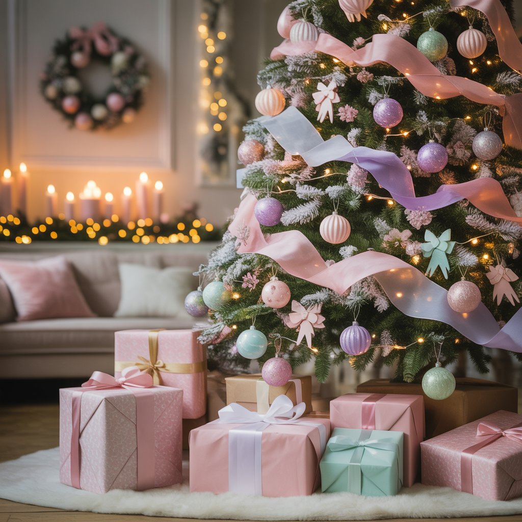 A decorated Christmas tree with pastel-colored ornaments and wrapped gifts in a cozy living room.