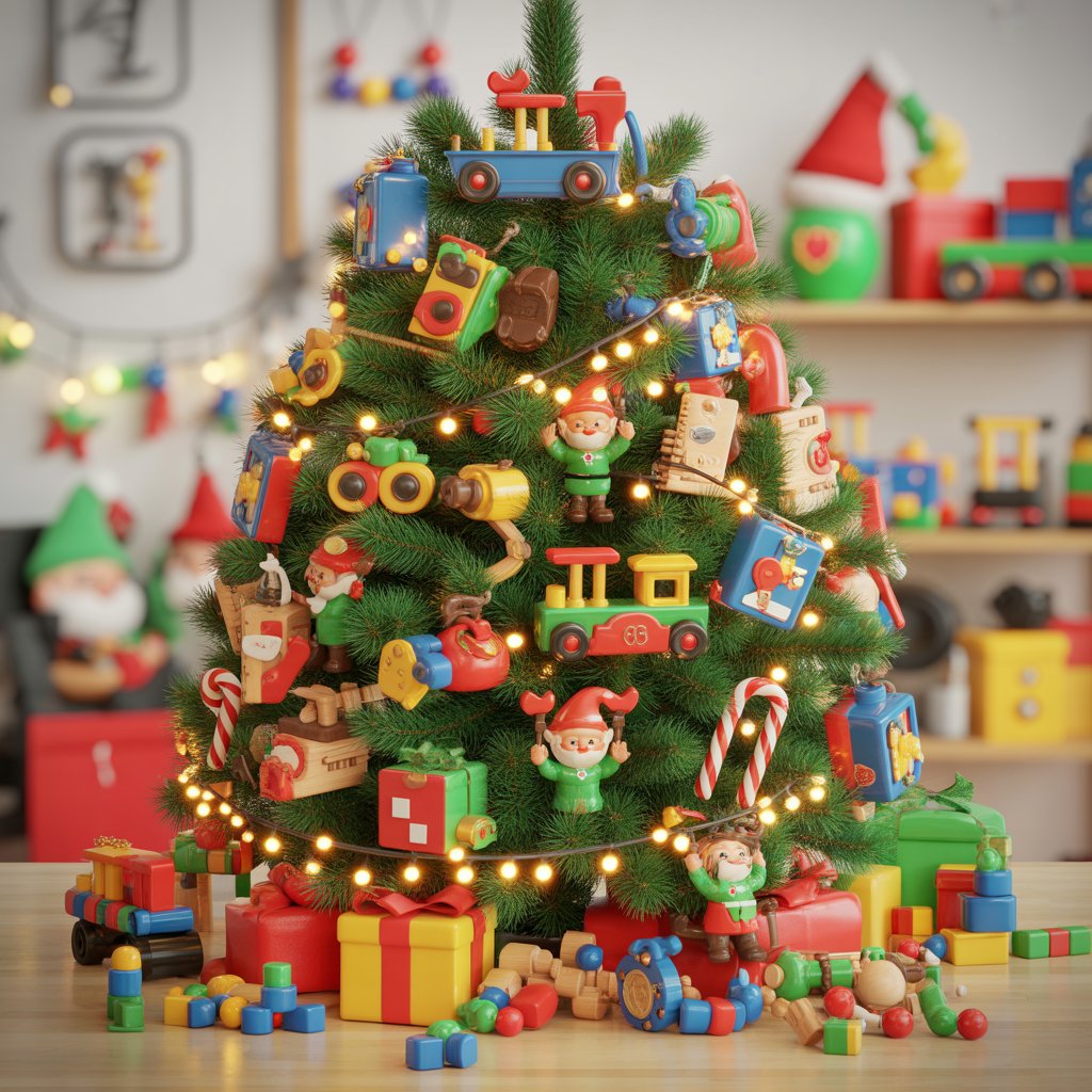 A Christmas tree decorated with colorful toy-themed ornaments, lights, ribbons, and surrounded by wrapped presents and toy building blocks.