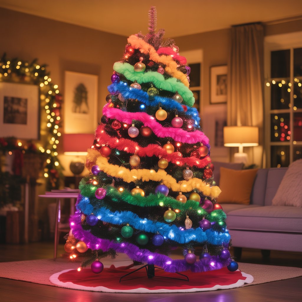 A brightly decorated Christmas tree with rainbow-colored ornaments and lights in a cozy indoor setting.