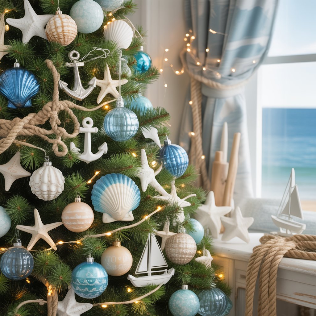 A Christmas tree decorated with seashells, starfish, anchors, and blue and white ornaments in a bright room with nautical decor and an ocean view.